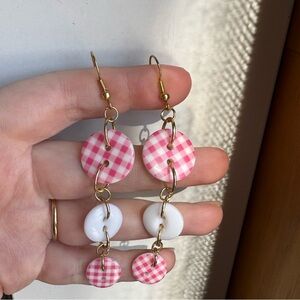 Handmade 2000s inspired pink and white gingham button earrings
